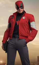 an image of a man wearing a red and grey outfit