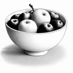 a black and white drawing of a bowl of apples