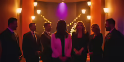 several people are standing in a hallway with the lights on