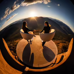 two beautiful women sitting in big white bowls