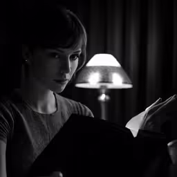 a woman is reading in a dark room with a lamp