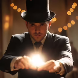 man in top hat, suit and topper holding lit up small item