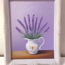 a painting of purple flowers in a vase