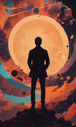 silhouette of man standing alone against an orange sunset,a silhouette of a person stands on a rock