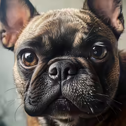 a close - up photo of a dog with big eyes looking straight ahead