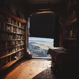 a room with shelves filled with books overlooking the vast mountains