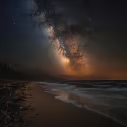 a night time picture of a beach with the milky rising behind it