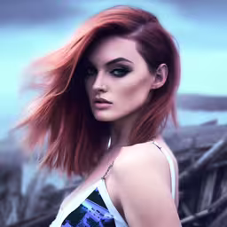 a young woman with long hair has an artistic look,a woman with bright red hair and blue eyes