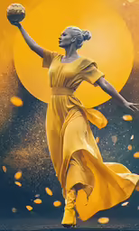 the lady is holding up a ball while standing in front of a moon