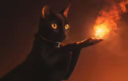 a cat sitting on its back holding a burning object in its hands