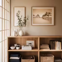 baskets and books sit on a shelf on the side of the wall
