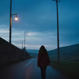 a person walks down the street in front of a light that is on