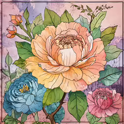 a watercolor painting of flowers with leaves on a pink background,a close up of a flower on a pink and blue background