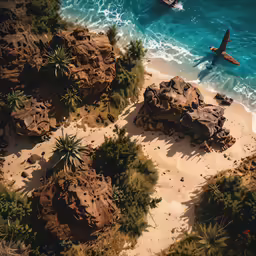 an aerial view of two people in the water on a surf board near the beach