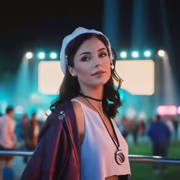 woman in white top posing at an outdoor event