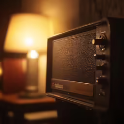 a black microwave on table and a lamp