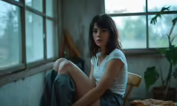 a girl sits next to an empty chair by the window