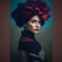 the woman has an red flower on her head