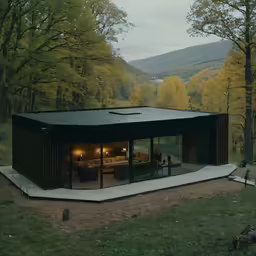 a small house with windows and black covering