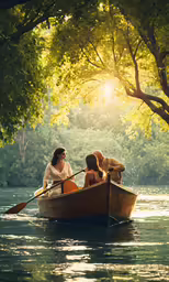 three people and a dog in a boat in the water