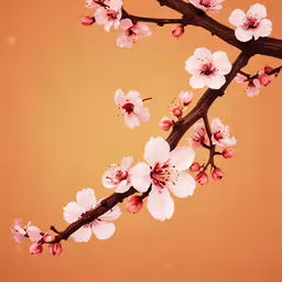 a branch with white and pink flowers on it,a branch with flowers against an orange background