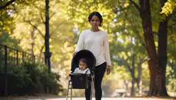 a woman pushing a stroller while walking with a baby in it