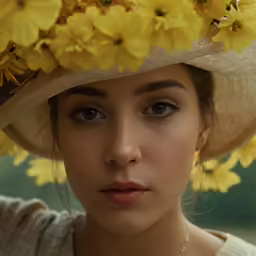 young woman in large floppy hat with yellow flowers on head