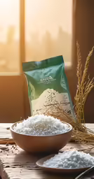 white rice in a bowl on a wooden table