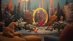 dog on couch in front of an elaborate scene