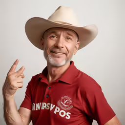 a man in a hat giving the peace sign