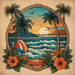 the sunset in an old fashioned stained glass window,an illustration of the sun set over the ocean and palm trees