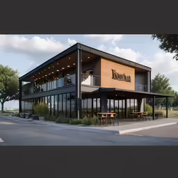 the outside view of a restaurant with wooden tables
