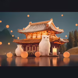 two white owls sit in front of candles and an asian building