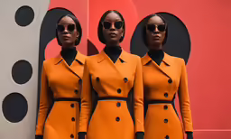 three woman in dresses and sun glasses standing against a large wall