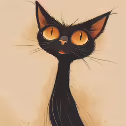 an artisticly colored black cat with very large yellow eyes
