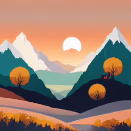the landscape with mountains and snow covered trees,a painting with the image of a sunset behind mountains