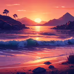 a sunset over a body of water with mountains in the distance,a view of the beach with waves and mountain range at sunset