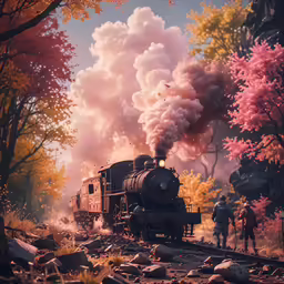 a train drives through the woods while people watch
