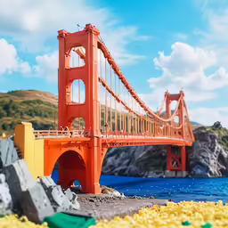 a lego bridge over the blue water