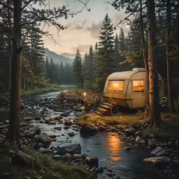 a small camper van is parked next to some water