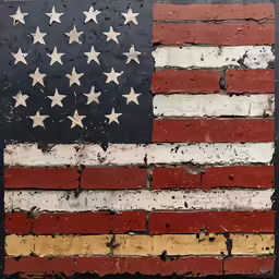 a flag on a wall with cracks in the middle