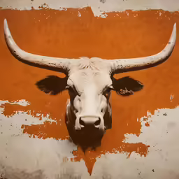 a bull with horns is standing in front of an orange wall
