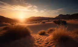 a sunset with clouds over a grassy plain and mountains