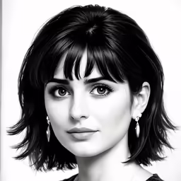 an artistically drawn portrait of a young girl with a short hair and bangs