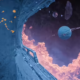 a blue vase with several planets and stars is reflecting in it