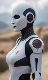 woman in body suit with futuristic headgear looking into distance