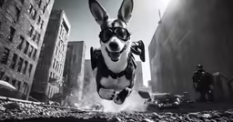 a person dressed in a bunny suit and goggles, leaping through the air while another man watches on from a side walk