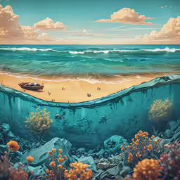 an underwater painting of boats floating on the ocean,there is a painting that depicts an ocean scene with a boat on a beach