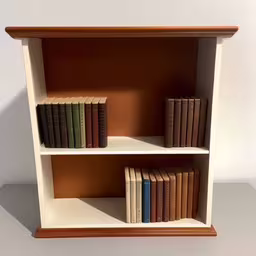 a shelf with several books on it that has some colored bindings,some books on two shelves in a room,an open book shelf with books stacked and leaning forward,a bookcase with three different shelves of books,book shelf with several different books on it