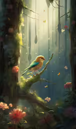 a painting of a bird sitting on a branch,an image of a bird sitting on a tree in the woods